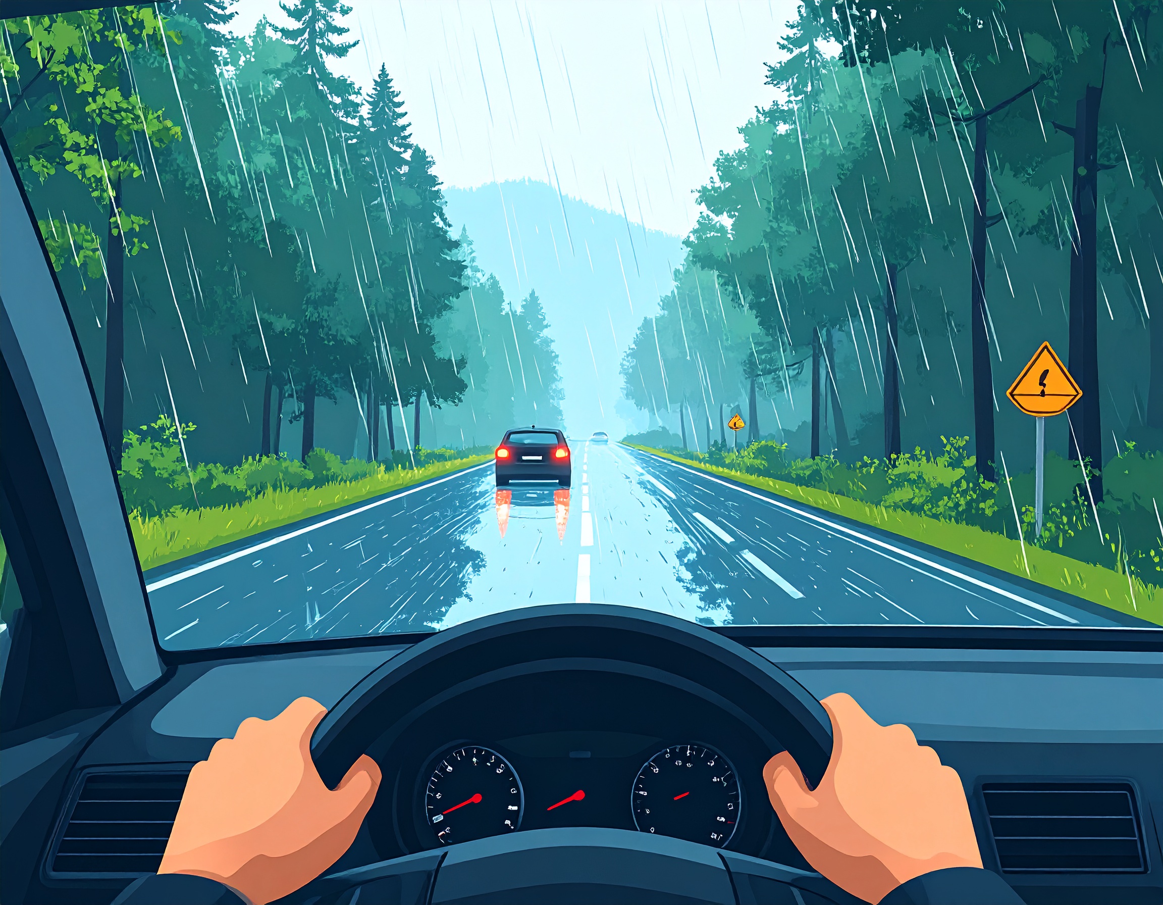 빗길 안전운전, 미끄러운 빗길에서는 제동거리가 길어요.