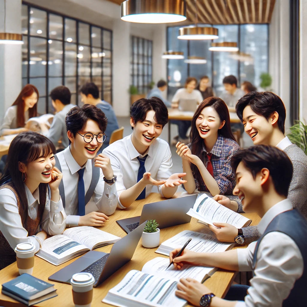 스터디 그룹이 테이블에 둘러앉아 기출문제를 함께 논의하는 모습. 노트를 공유하고 노트북으로 자료를 보며 대화를 나누고 있으며, 방은 밝고 친근한 분위기로 꾸며져 있습니다