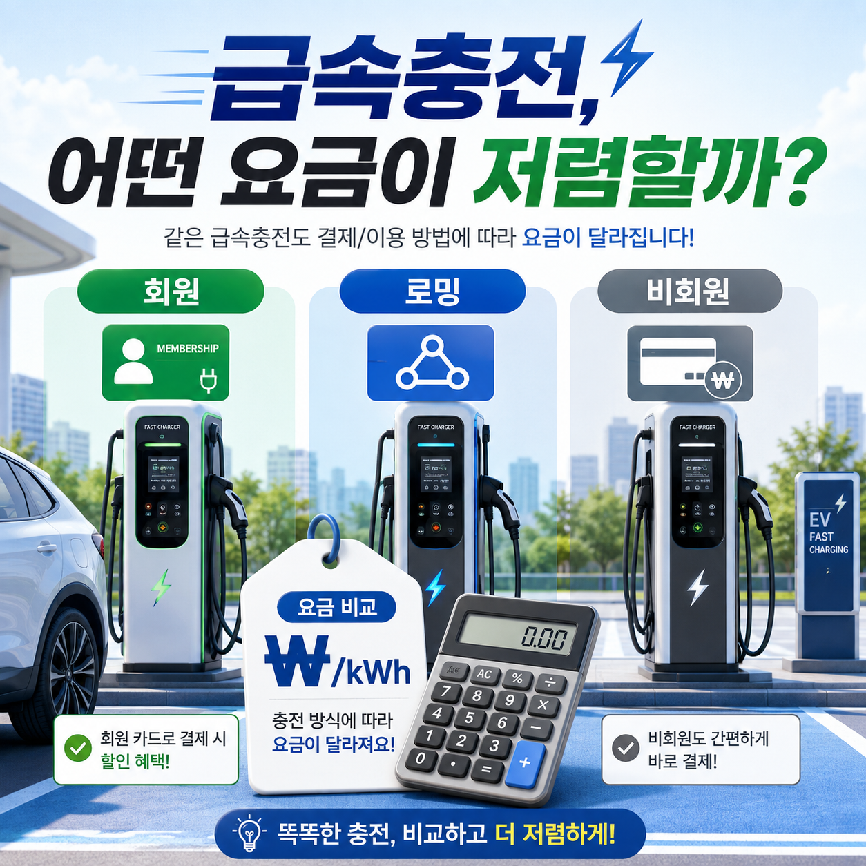 전기차 급속충전 요금을 회원 로밍 비회원으로 비교하는 모습