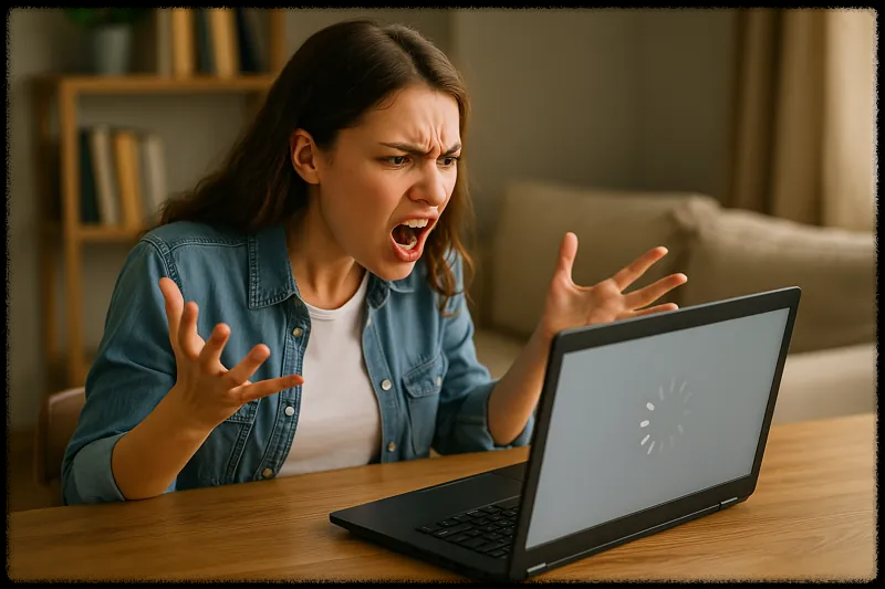 로딩 중인 노트북 앞에서 화가 난 여성 사용자의 모습
