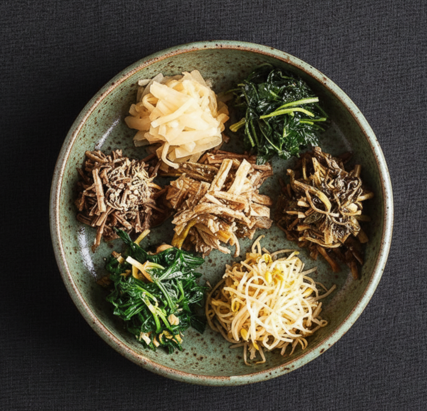 검은색 패브릭 배경 위에 놓인 정갈한 도자기 그릇에 담긴 7가지 종류의 다양한 제철 나물 반찬과 묵나물 볶음 상차림 모습.