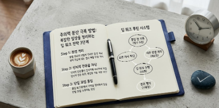 주의력 분산 극복 방법과 딥 워크 전략을 위해 자가 진단 테스트와 '5분 지연', '가치 기록' 전략을 도표로 정리한 집중 노트와 아날로그 시계 사진