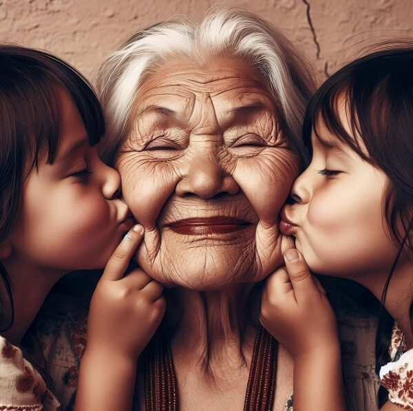 두 손녀가 할머니 뺨에 뽀뽀하는 모습