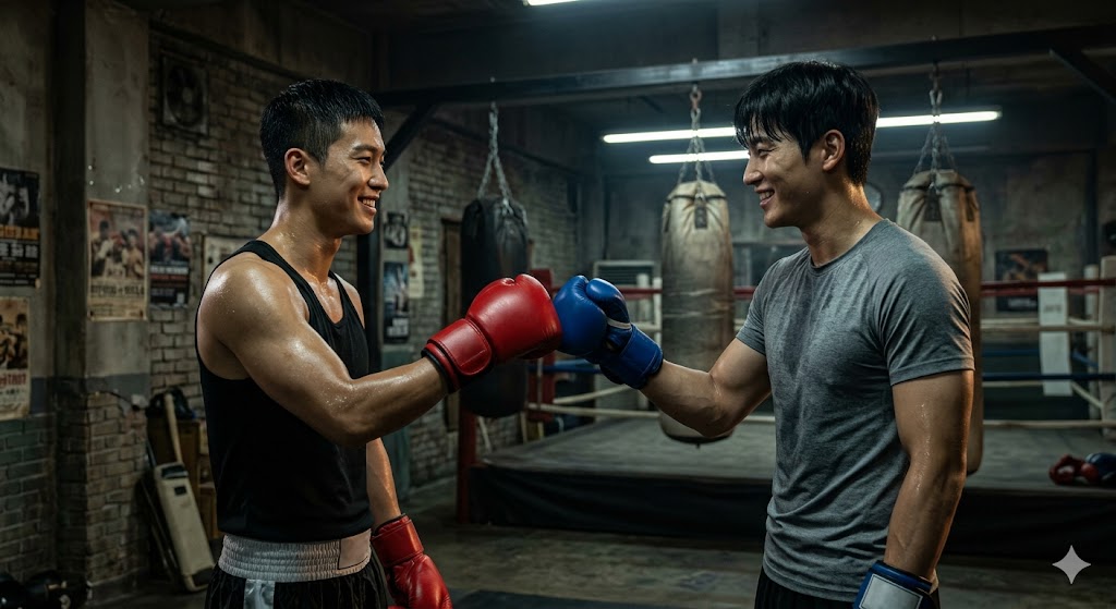 Two young men wearing boxing gloves, smiling brightly and doing a fist bump in a dimly lit, gritty training gym.