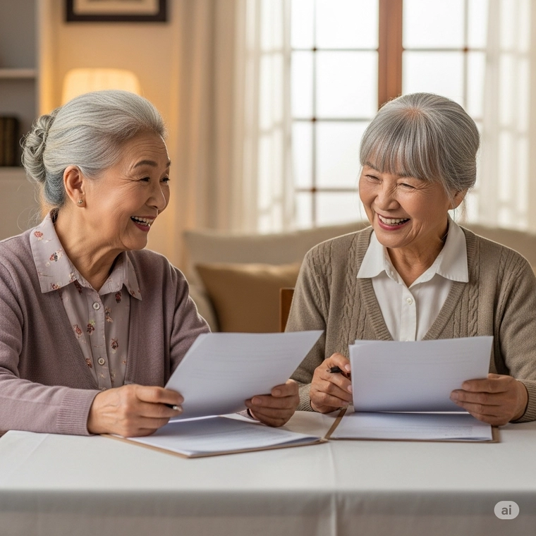 서류를 보며 활짝 웃는 시니어 여성