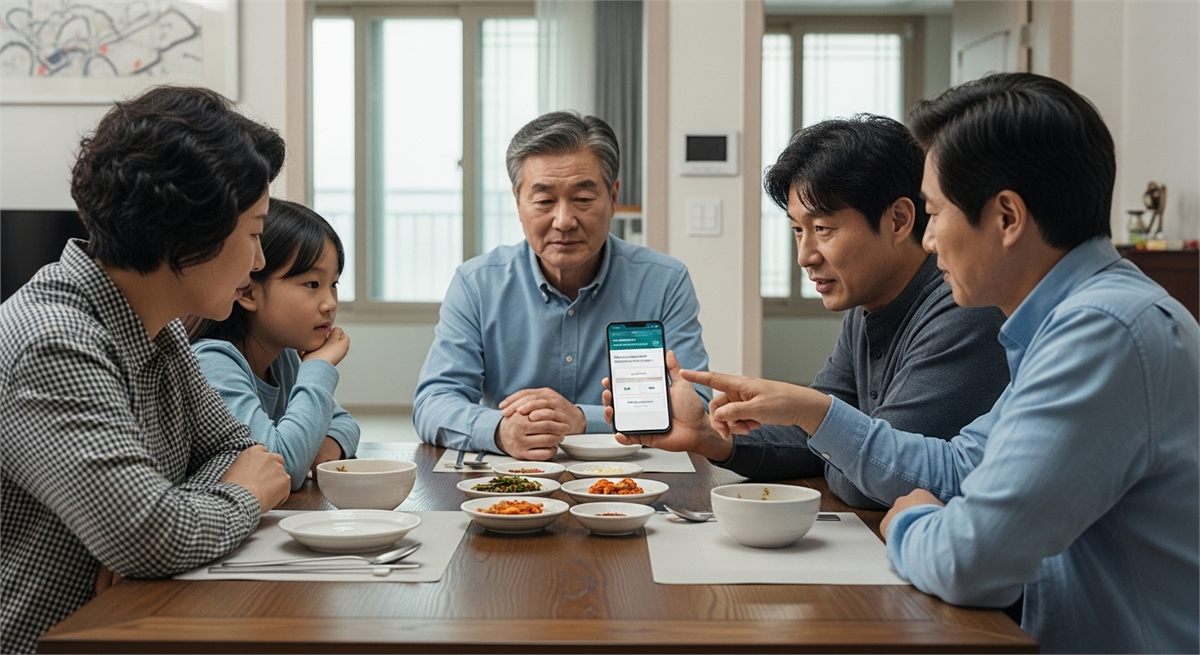 한국 가정에서 가족이 함께 지원금 대상 여부를 확인하는 장면