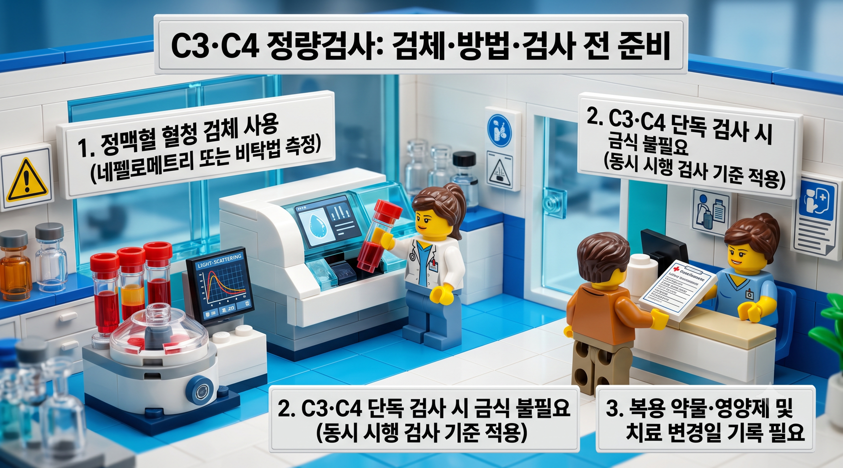 C3·C4 정량검사의 검체 채취, 측정 방법, 검사 전 준비사항을 안내하는 레고 디오라마