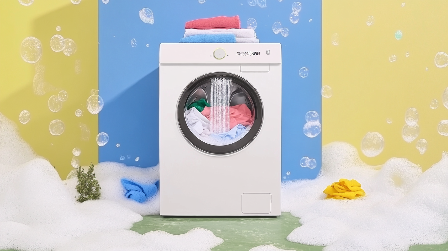 비눗방울과 깨끗한 빨래로 둘러싸인 듀얼 DD 모터와 버블 폭포 시스템이 작동 중인 삼성 WA23A8375KV 세탁기의 상세한 일러스트레이션
