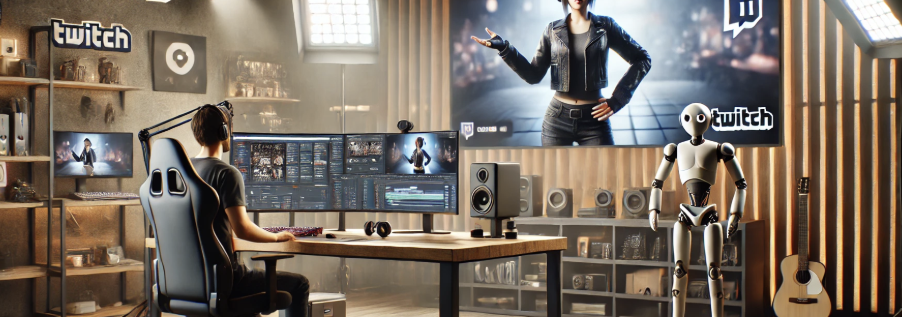 스트리밍 스튜디오에서 버추얼 아바타를 활용한 실시간 방송 장면을 담은 이미지