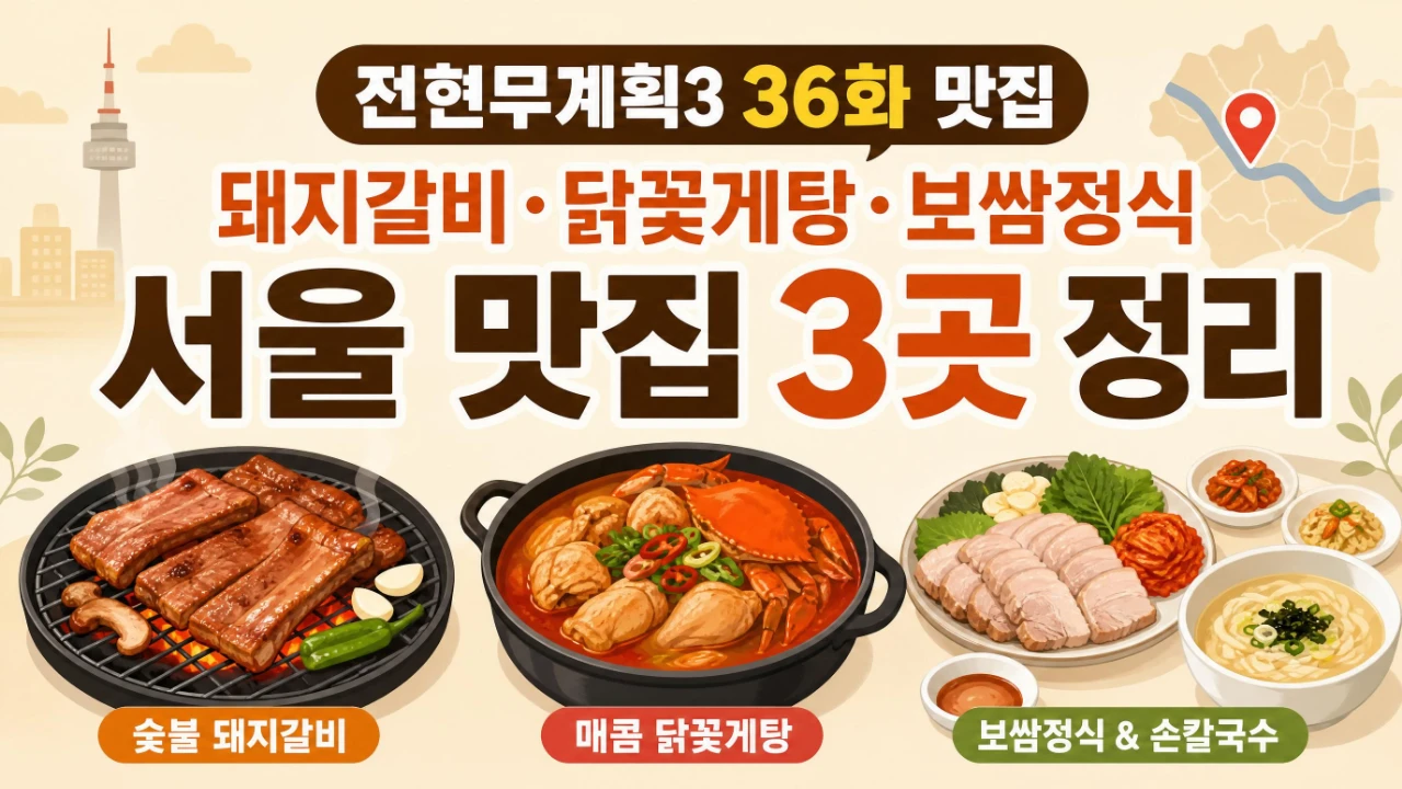 전현무계획3 36화에 나온 서교가든 동대문곱창 훼미리손칼국수보쌈 맛집을 정리한 이미지