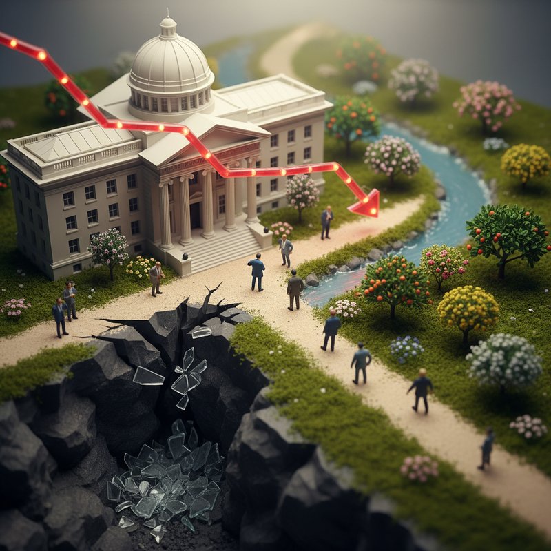 하락하는 코스피 시장과 매수 매도 기로에 선 투자자, 미니어처 디오라마 스타일, 틸트시프트 효과