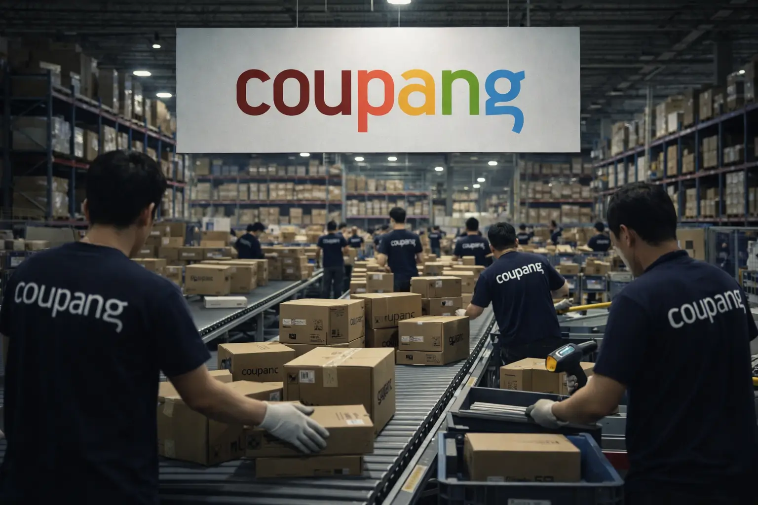 쿠팡 물류 시스템과 새벽배송 구조를 상징적으로 보여주는 유통 현장 이미지