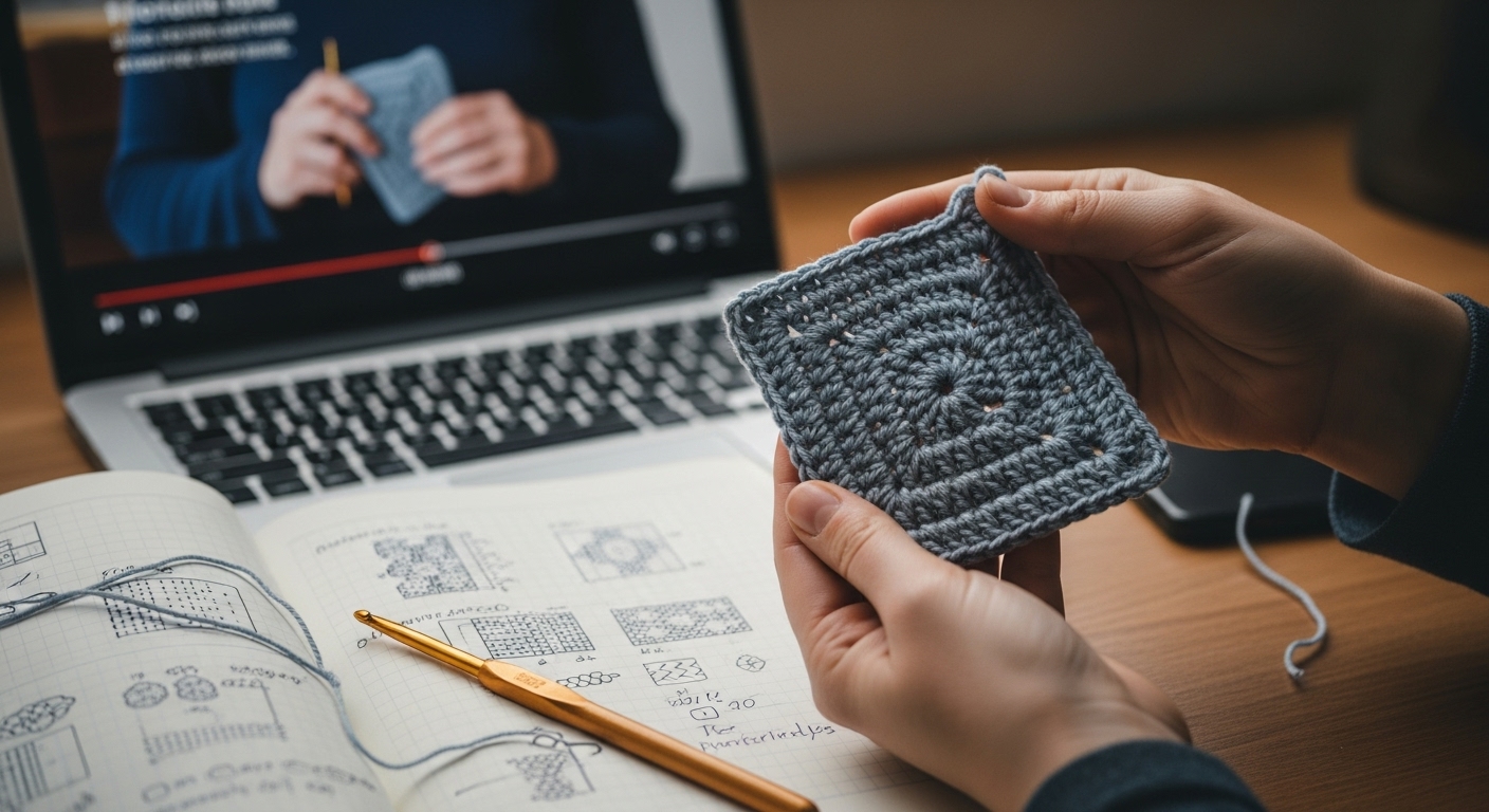 코바늘 초보자가 작은 티코스터를 완성한 손과 뜨개질 튜토리얼 영상이 보이는 노트북, 패턴이 그려진 노트.