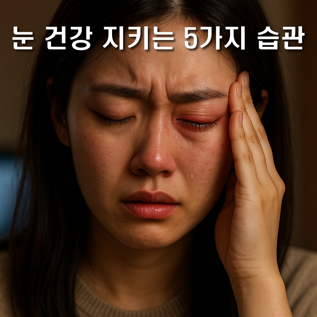 눈 건강 지키지 않아 힘들어 하는 눈물 흘리는 여성 이미지