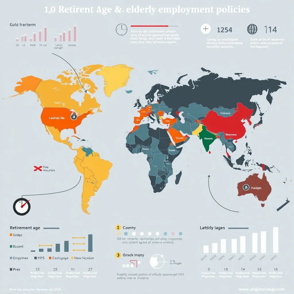 세계 지도 위에 몇몇 국가들의 국기가 표시되고, 그 옆에 '정년 연장', '계속 고용' 등의 키워드가 연결된 인포그래픽 형태의 이미지.