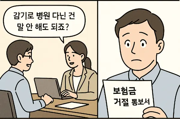 병력 고지를 누락한 보험 가입자가 보험금 거절 통보를 받고 놀라는 모습