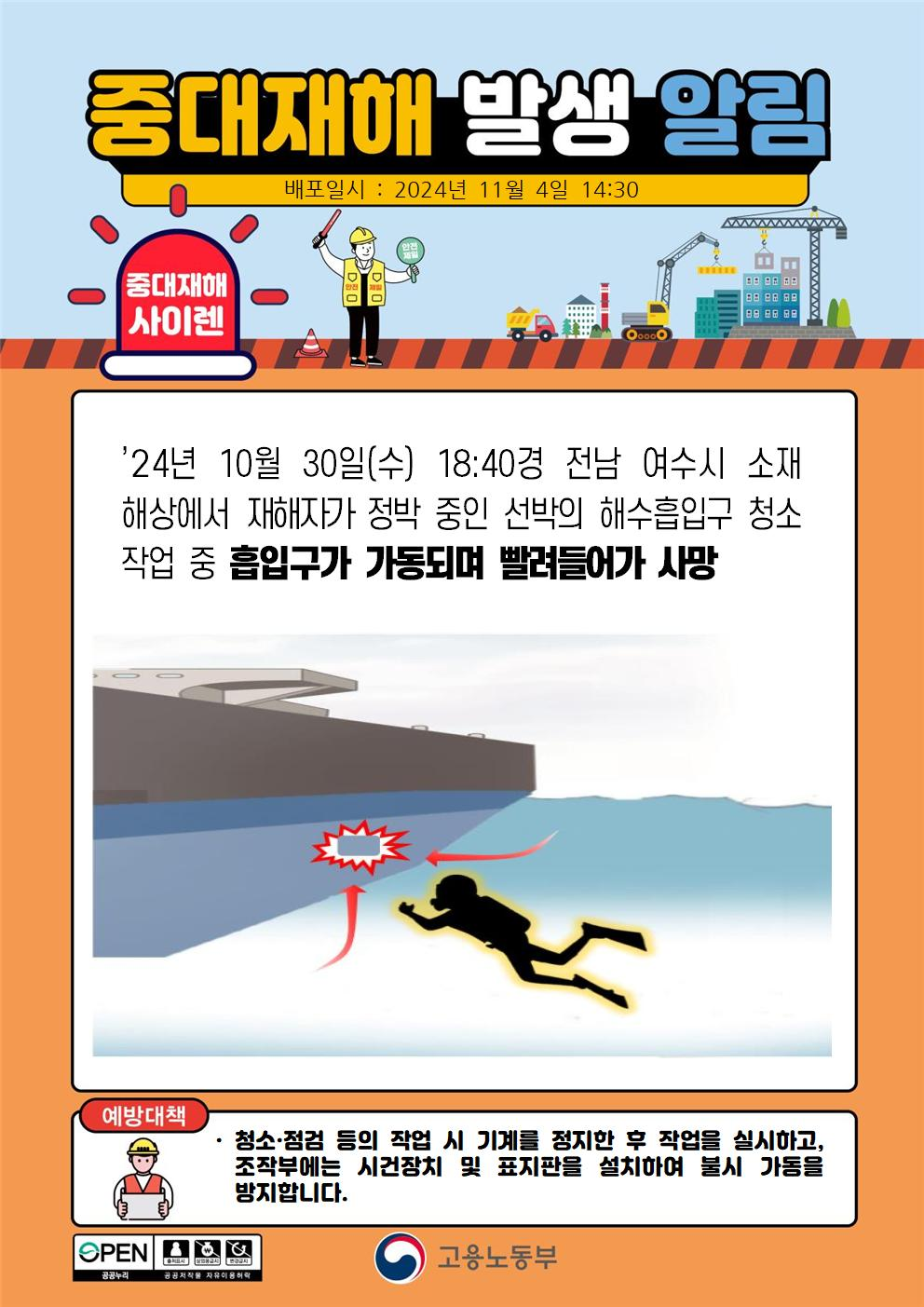 해상 선박 해수흡입구 청소 작업 중 사망 사고 발생: 안전 불감증이 불러온 참사 24년 10월 30일