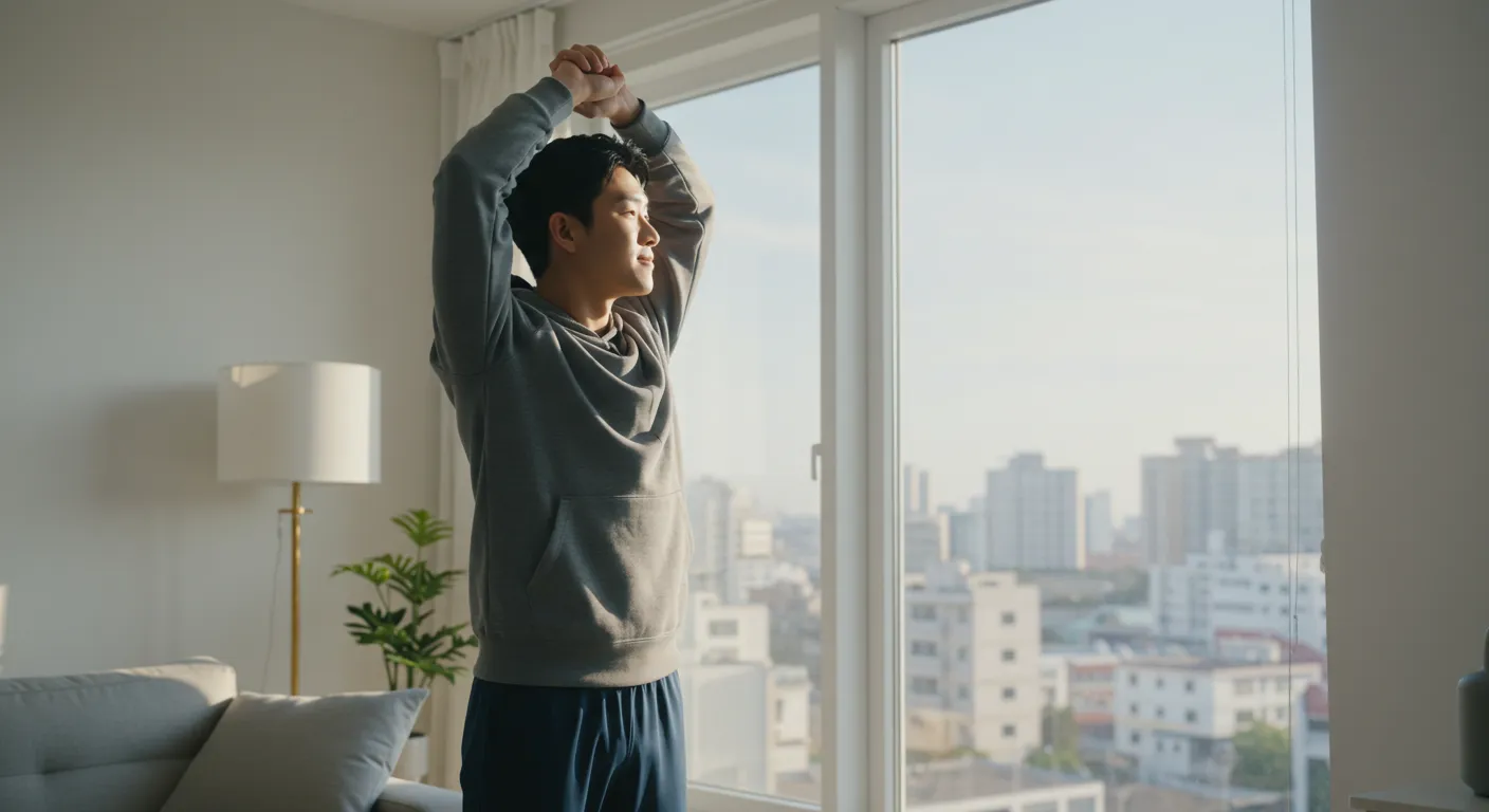 "출근 전 10분 스트레칭으로 활기찬 아침을 시작하는 30대 직장인 남성"