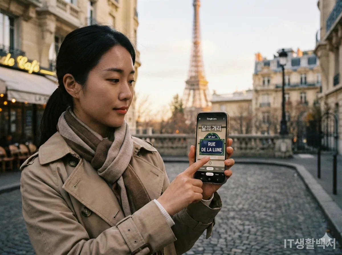 프랑스 파리 여행 중 구글 렌즈를 이용해 표지판을 실시간으로 번역하는 장면