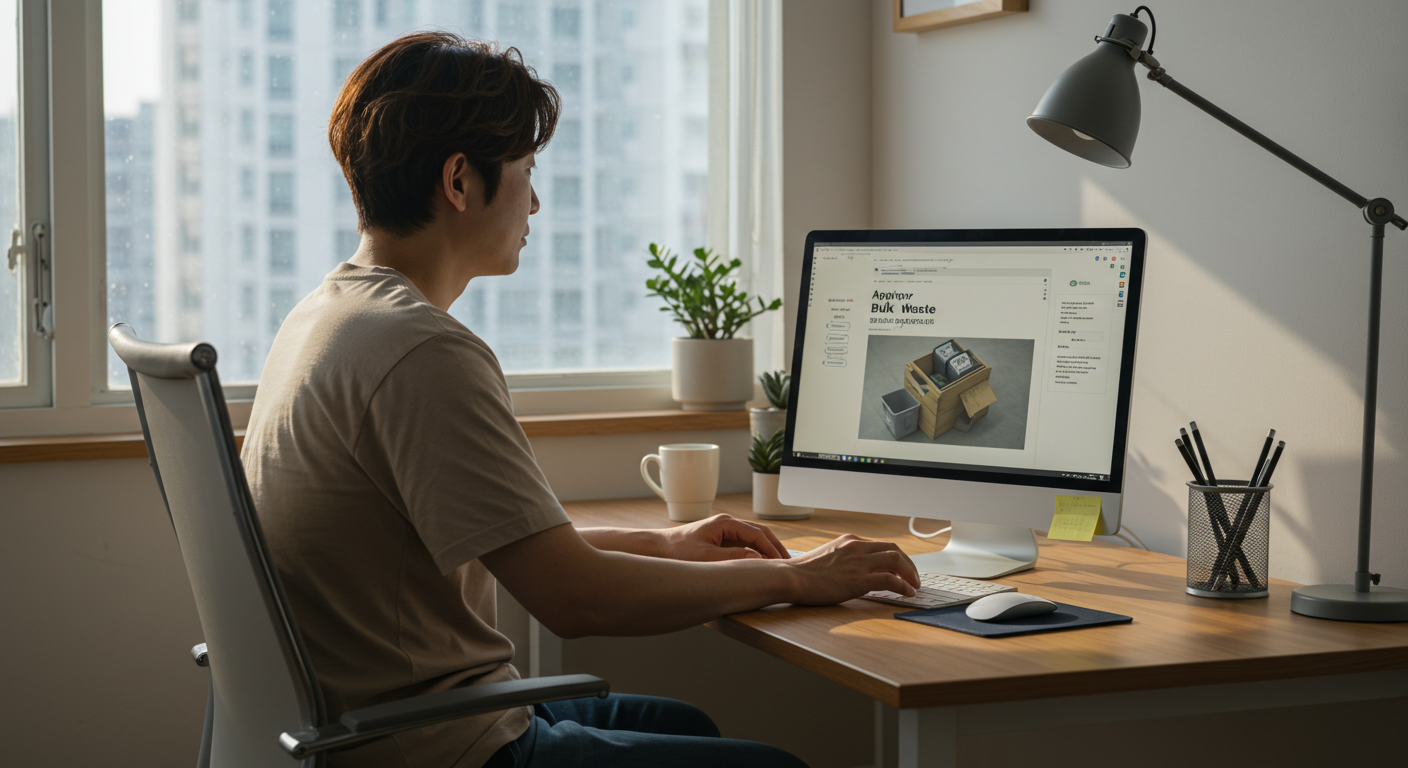 집에서 컴퓨터로 대형폐기물 배출을 신청하는 한국 시민
