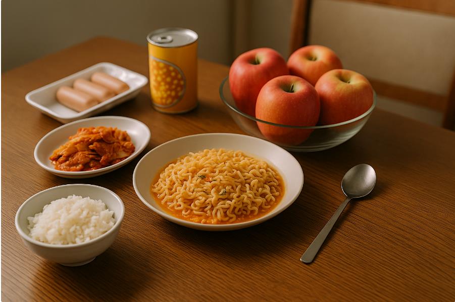 신선한 채소 대신 과일, 가공식품, 라면으로 차려진 간단한 식탁 장면