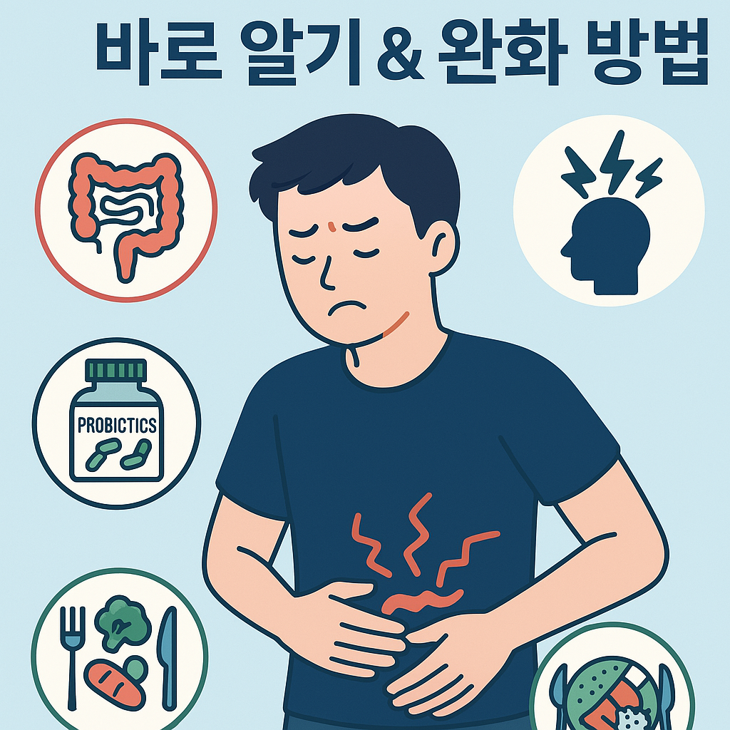 과민성 대장증후군 증상과 완화 방법을 시각적으로 설명한 일러스트 이미지 - 복통, 설사, 식이요법, 스트레스 관리 등