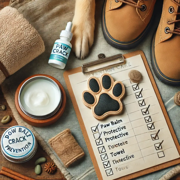강아지 발바닥 갈라짐 예방을 위한 밤, 보호 부츠, 수건, 관리 체크리스트가 평면 구성으로 놓여 있음
