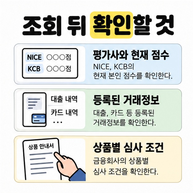조회 뒤 확인할 것으로 평가사와 현재 점수, 등록된 대출과 카드 거래정보, 상품별 심사 조건을 정보표와 문서 그림으로 안내하는 카드