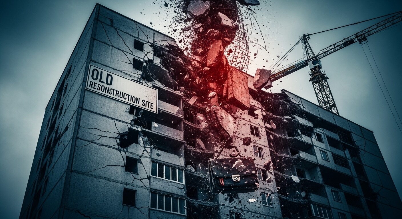 오래된 아파트가 공사비 폭탄으로 작업이 진행되지 않고 붕괴된다고 가정한 그림