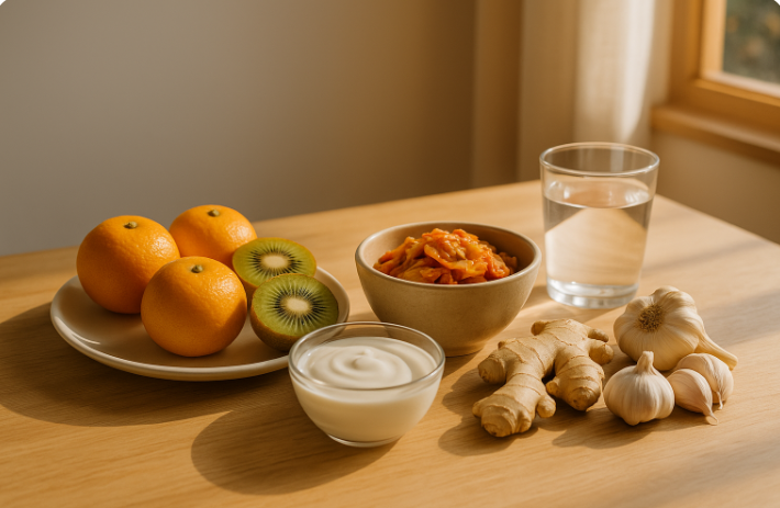 감귤, 키위, 김치, 요거트, 생강, 마늘, 물 한 잔 등 면역력 강화에 도움 되는 음식들이 식탁 위에 놓여 있는 모습