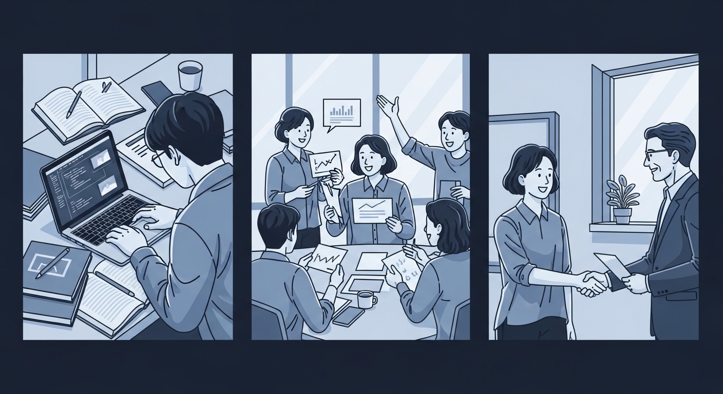 청년이 노트북으로 공부하고, 멘토와 대화하며 직업훈련을 받는 모습