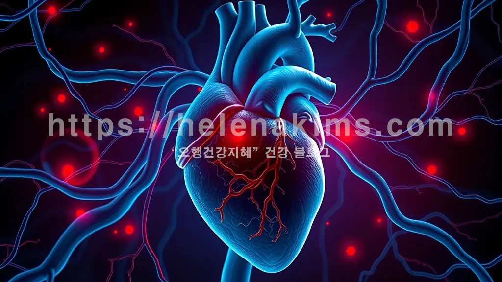 인체 심장 주변 혈관의 정밀한 묘사. 좁아지거나 막힌 듯한 혈관 주변에는 은은한 붉은빛의 통증 신호가 감돌고, 그 옆에는 깨끗하고 건강하게 혈류가 흐르는 혈관이 희망적인 푸른빛을 발하며 경고와 회복의 메시지를 담은 이미지.