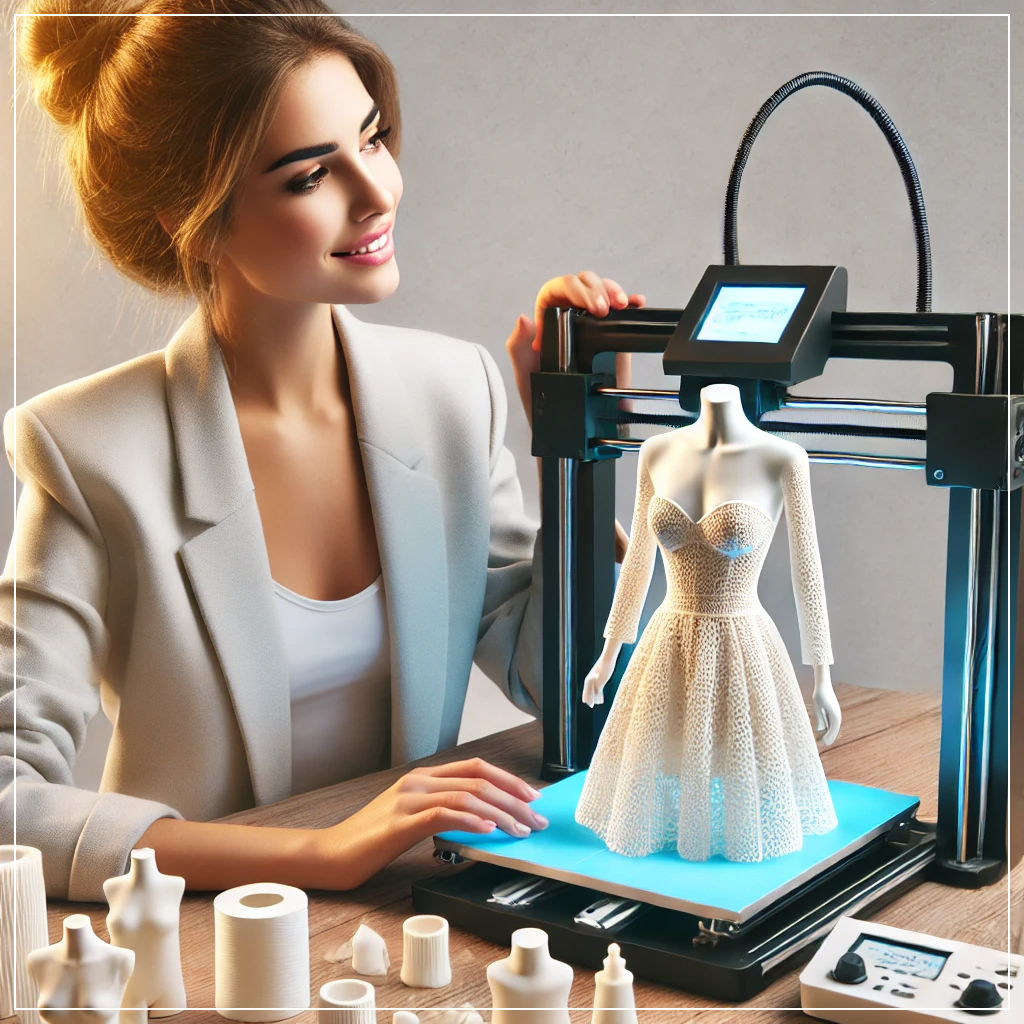 패션 디자이너가 3D 프린팅 기술을 활용해 맞춤형 드레스를 제작하는 모습