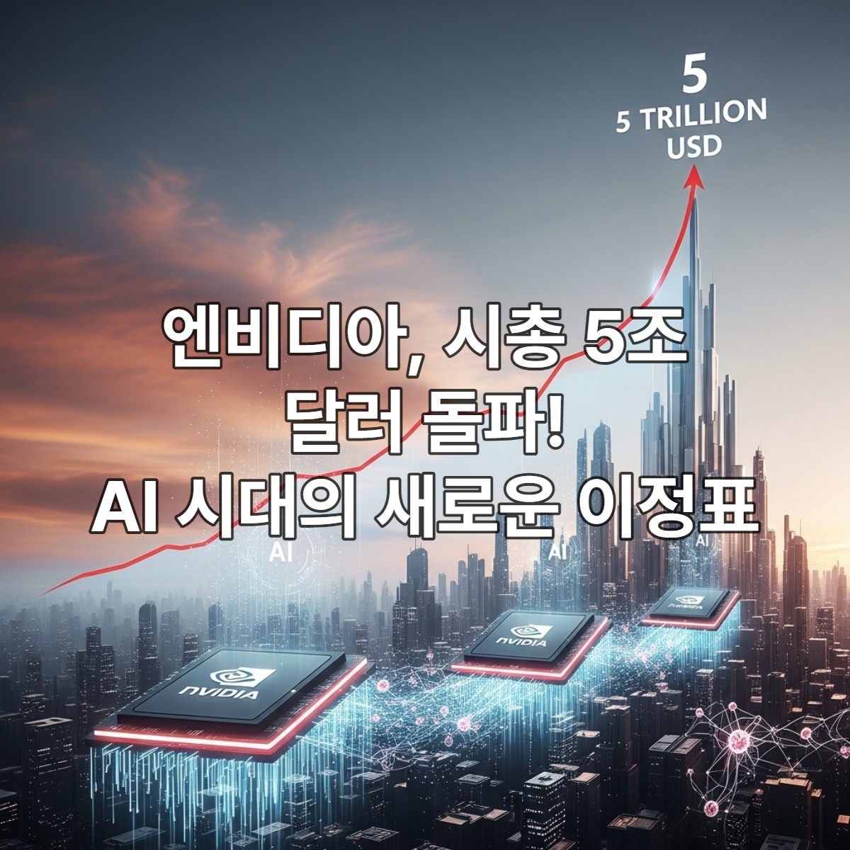엔비디아 시가총액 5조 달러 돌파를 상징하는 미래 도시와 빛나는 GPU 칩 이미지, AI 시대의 기술적, 경제적 도약을 표현함.