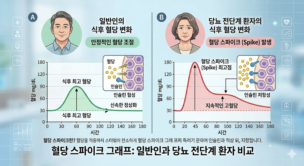 혈당 스파이크 그래프: 일반인과 당뇨 전단계 환자의 식후 혈당 변화 비교