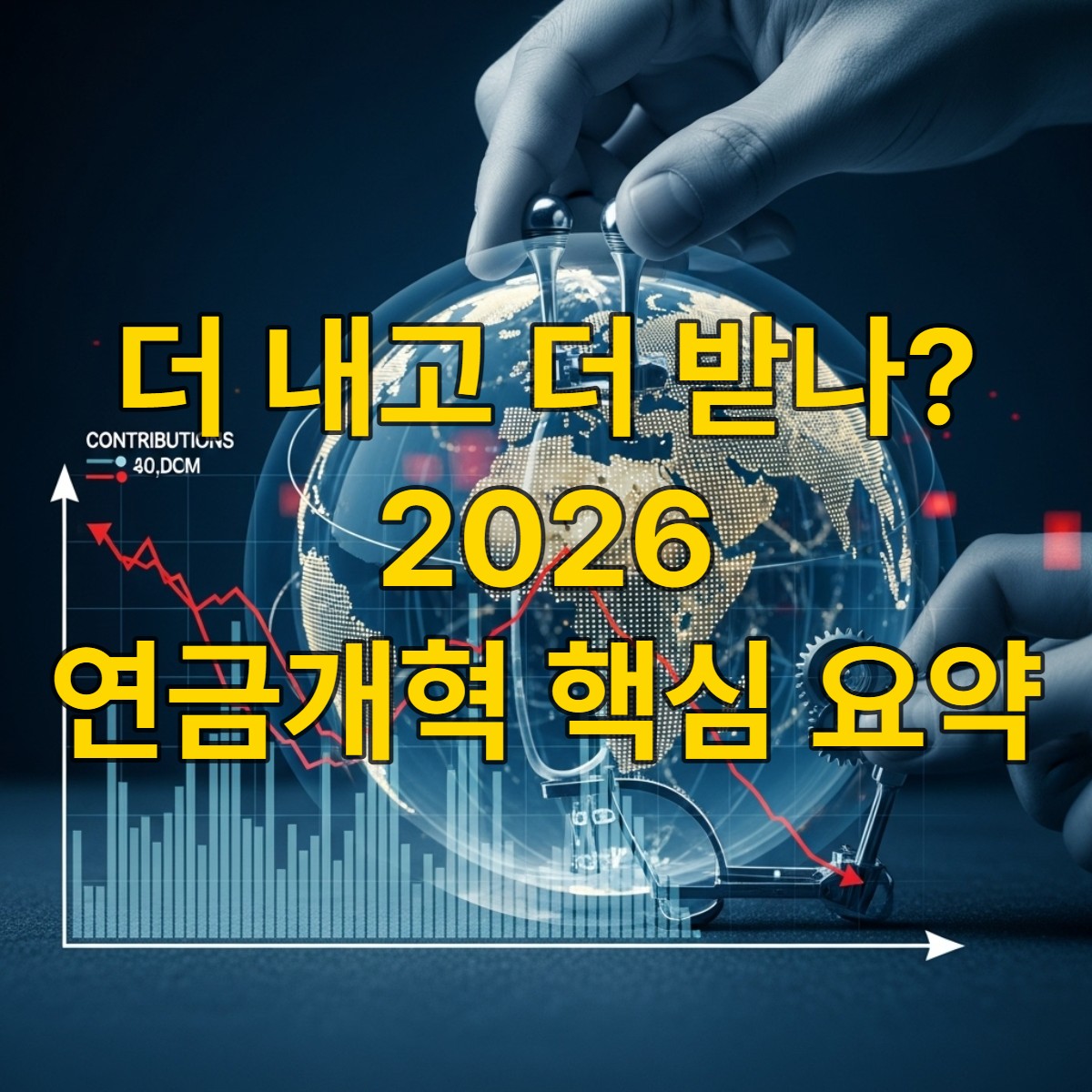 2026년 국민연금 제도 개편의 복잡성과 미래 변화를 상징하는 이미지. 연금 개혁을 나타내는 톱니바퀴와 그래프가 복합적으로 표현되어 있습니다.