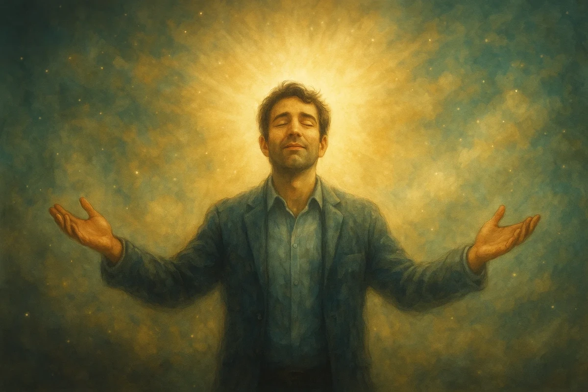 빛 속에서 평온히 눈 감은 남성