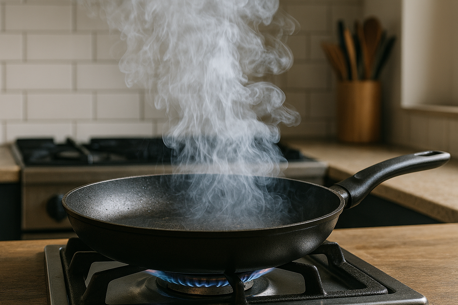 발연점에 도달해 연기가 발생하는 조리 상황 이미지