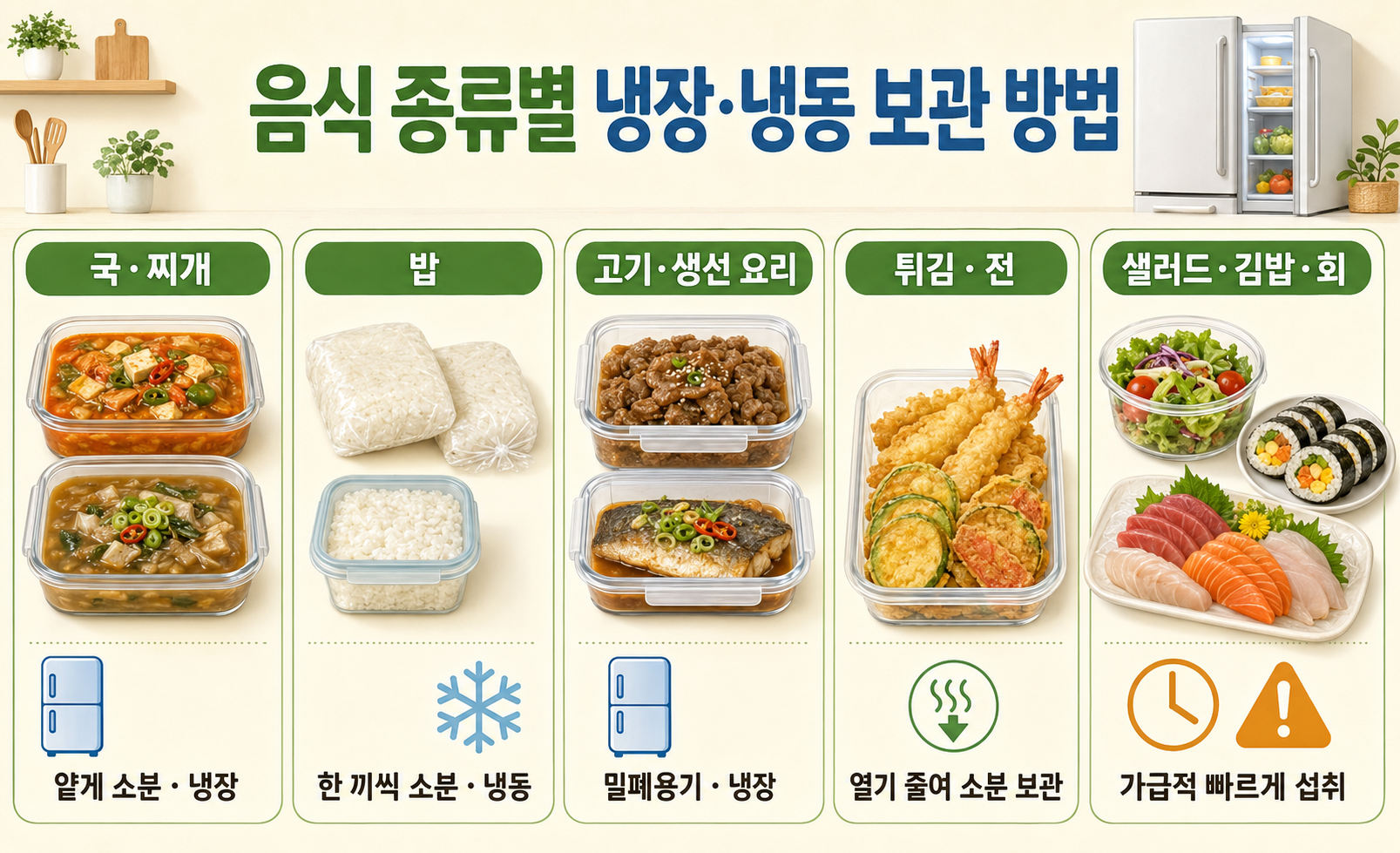 음식 종류별 남은 음식 냉장 보관과 냉동 보관 방법을 비교한 이미지