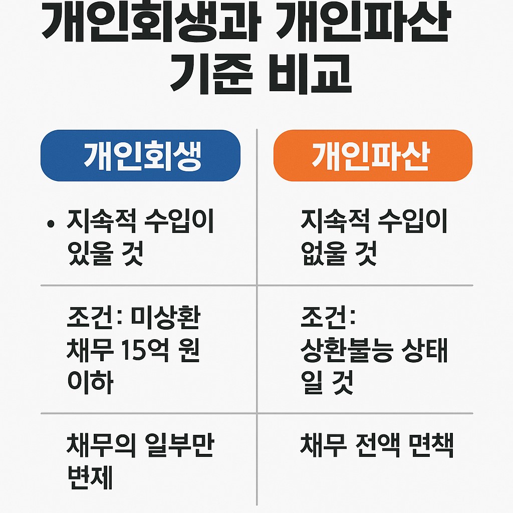 개인 회생과 개인 파산 기준 비교 인포그래픽