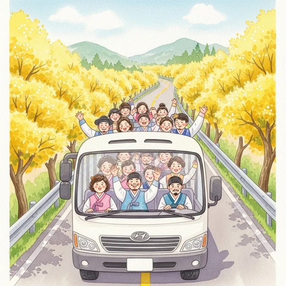 노란 꽃길을 달리는 편안한 셔틀버스