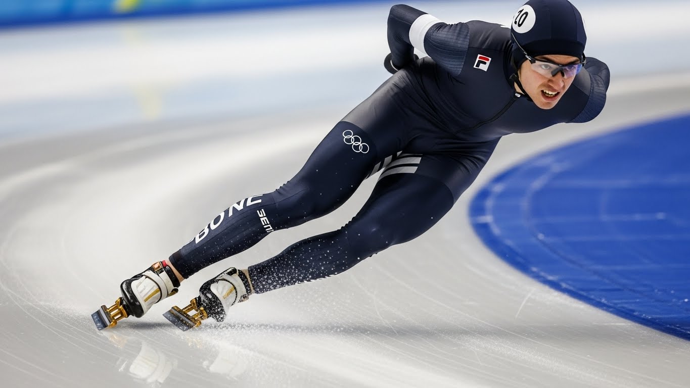 강렬하게 얼음 위를 질주하는 한국 스피드스케이팅 선수의 박력 있는 모습.
