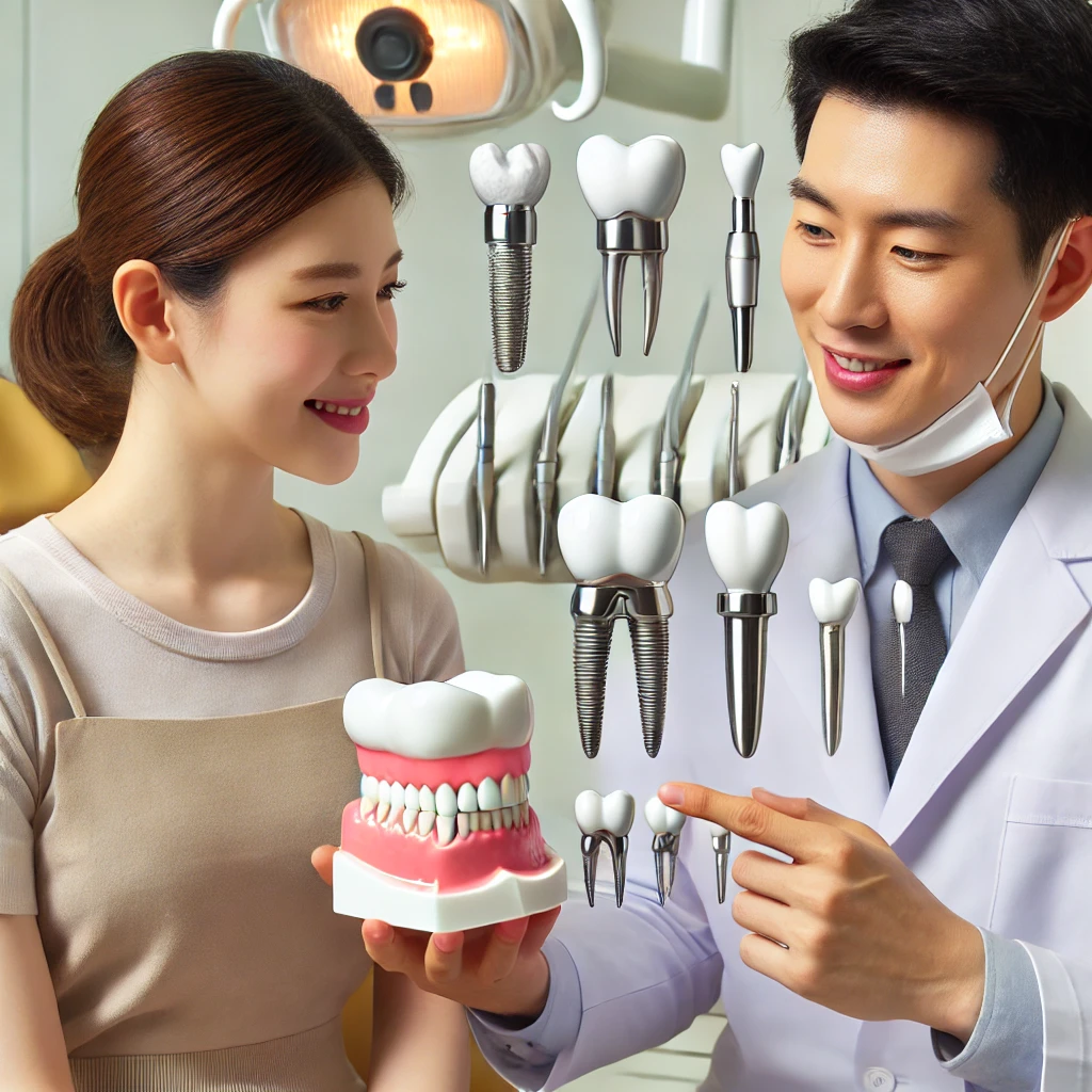 한국인 치과 의사가 환자에게 다양한 임플란트 종류를 설명하는 모습, 3D 치아 모델을 활용해 구조별 차이를 안내하는 현대적인 치과 환경