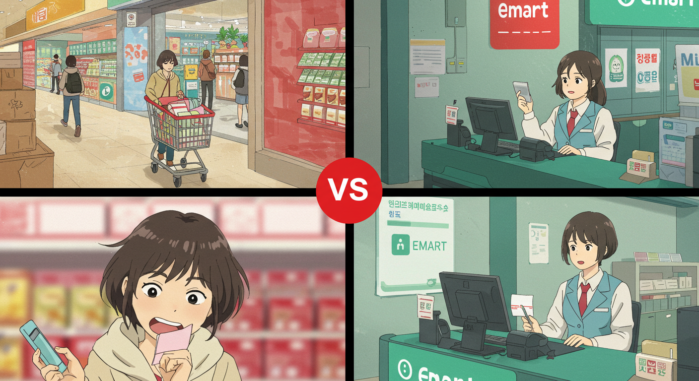 이마트 외 매장에서 결제 불가한 장면과 이마트에서는 가능한 장면 콜라주