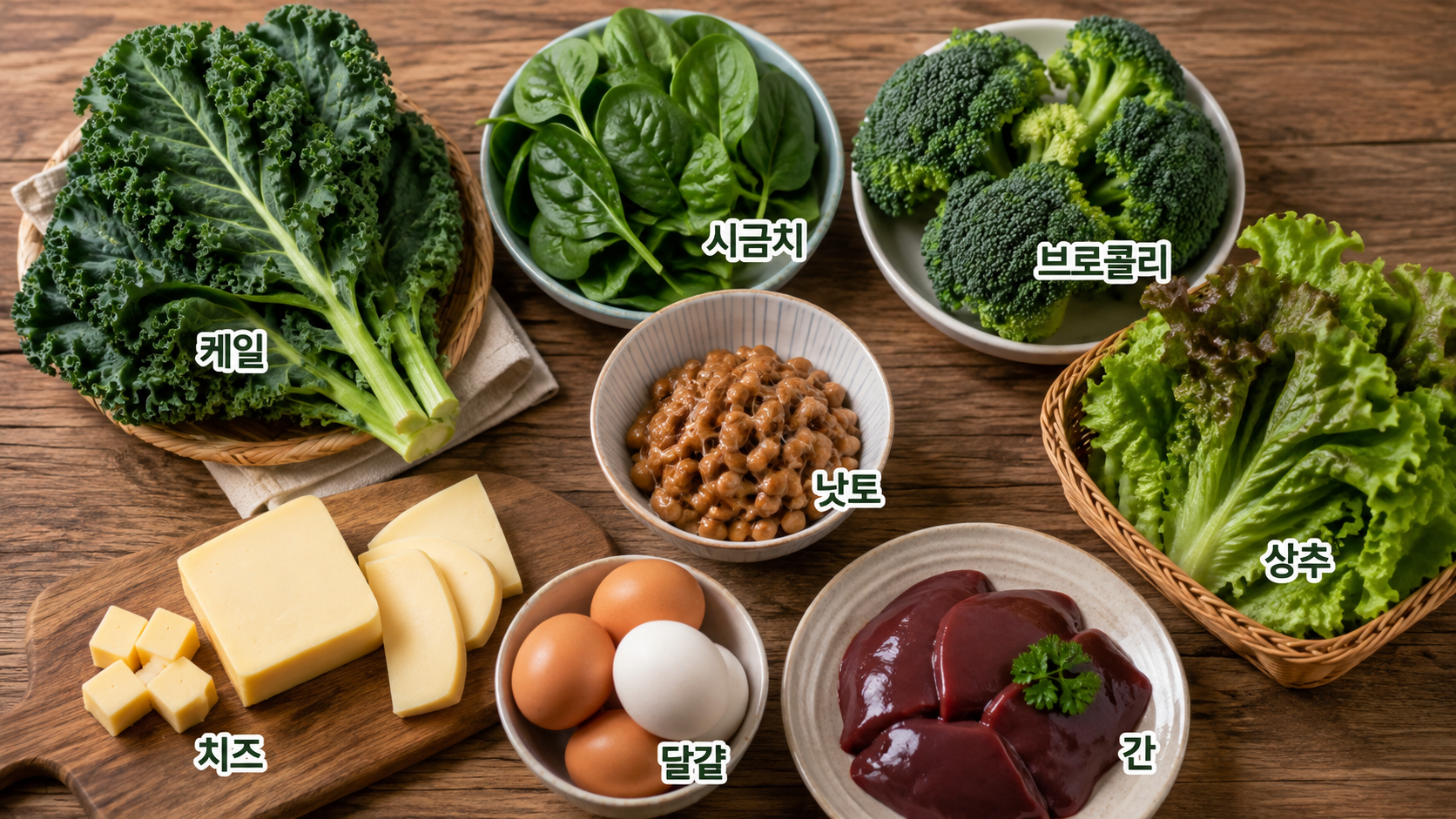 비타민K가 많이 들어있는 음식인 케일, 시금치, 브로콜리, 낫토, 상추, 치즈, 달걀, 간을 한눈에 보여주는 이미지