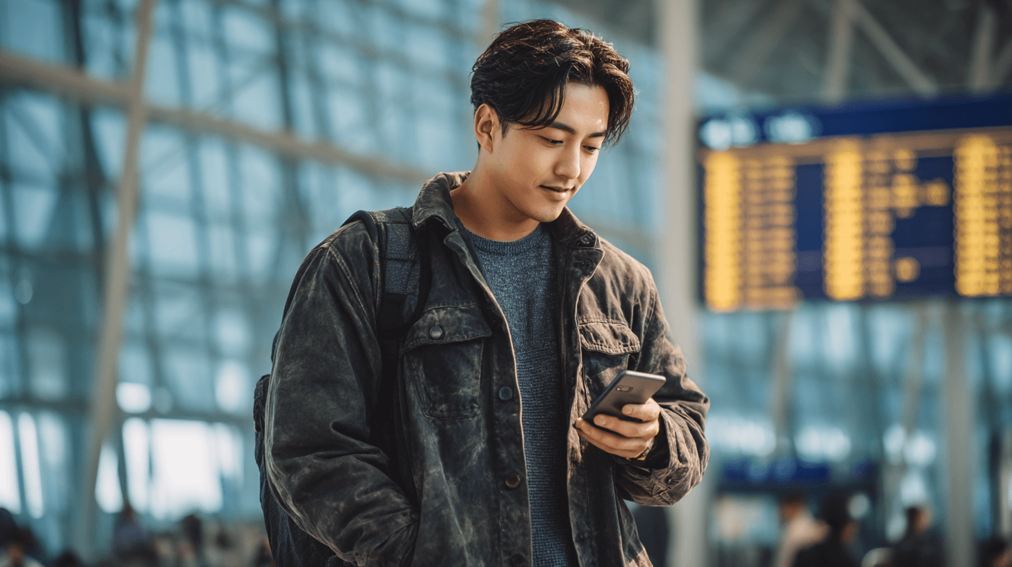 공항에서-핸드폰을-확인하는-사람