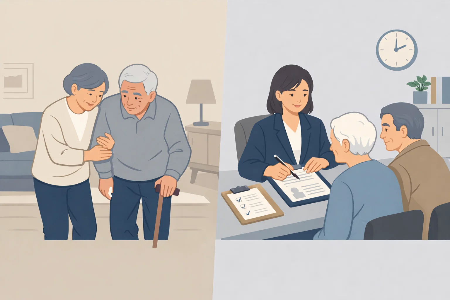 요양보호사 가족케어 급여에서 90분 인정이 가능한 상황과 상담&middot;신청 장면을 통해 예외조건 판단 흐름을 보여주는 이미지