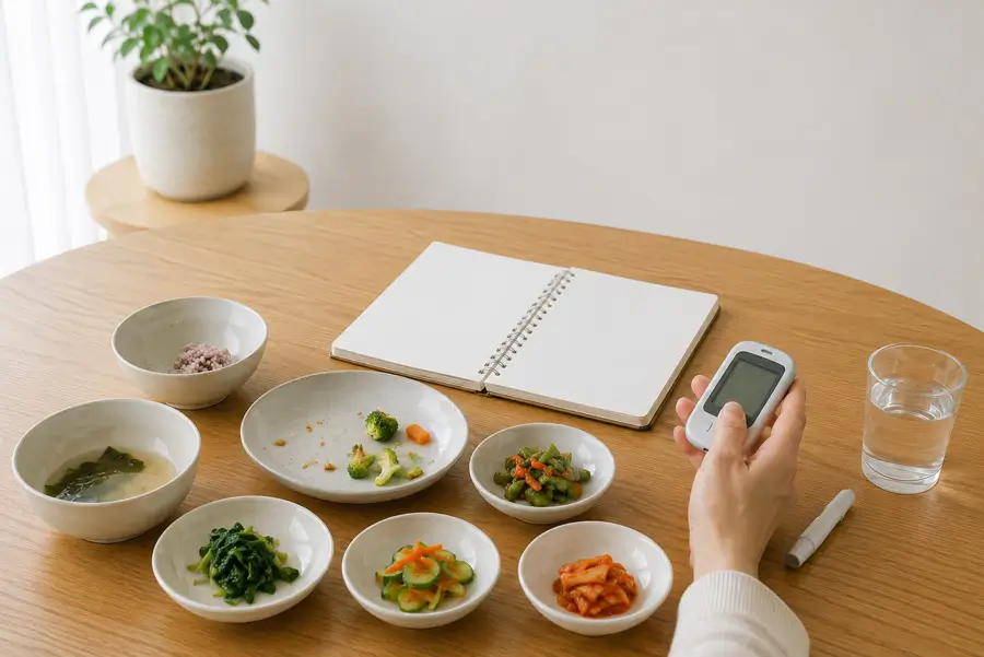 식사를 마친 뒤 식탁 위 식사 기록 노트와 혈당측정기를 함께 살펴보는 한국인 중년 성인의 손, 잡곡밥과 채소 반찬이 조금 남은 균형 잡힌 한국식 식탁