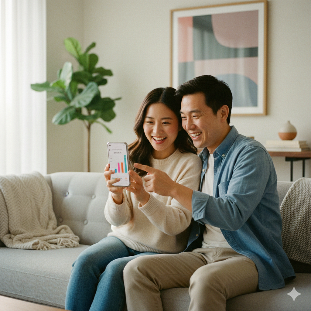 스마트폰으로 대출 금리를 비교하며 미소 짓는 부부