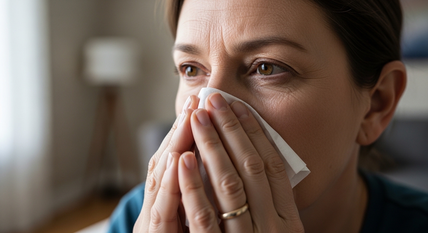 코막힘과 콧물로 인해 코를 풀고있는 사진